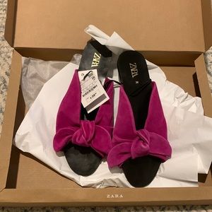 ZARA FUCHSIA 100% SUEDE LEATHER BOW FLAT SPLIT SANDALS